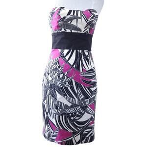 Trina Turk Strapless Cocktail Party Dress SZ 2 Palm Floral Tropical Jungle Print